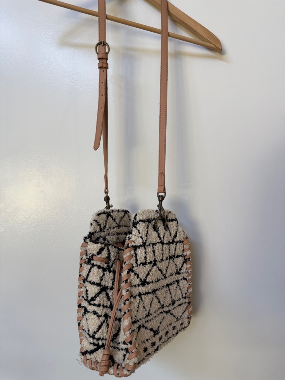 Universal thread Textured Black & Cream Crossbody Bag with Tan Leather Trim